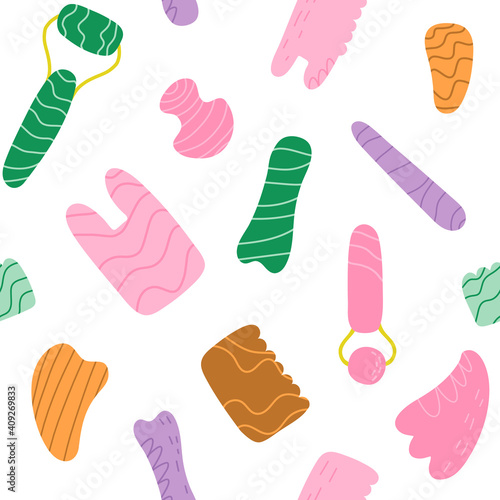 Hand-drawn guasha scraper, face rollers, massagers seamless pattern. Self-care, anti-aging tools on isolated background.