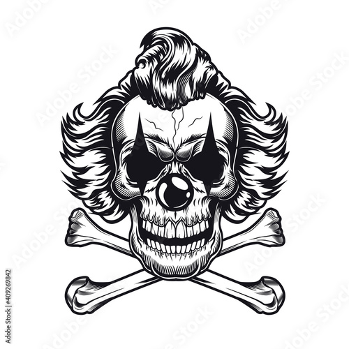 Psychopath clown emblem design. Monochrome element with skull and bones vector illustration. Horror and evil concept for symbols or tattoo templates