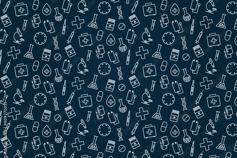 Medical vectors seamless pattern. Medical icons background. Thin Outline Art.