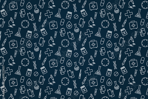 Medical vectors seamless pattern. Medical icons background. Thin Outline Art.