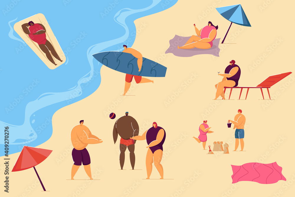 Positive people relaxing on beach isolated flat vector illustration. Cartoon various characters swimming in sea, sunbathing and playing on coast. Summer activity and leisure concept