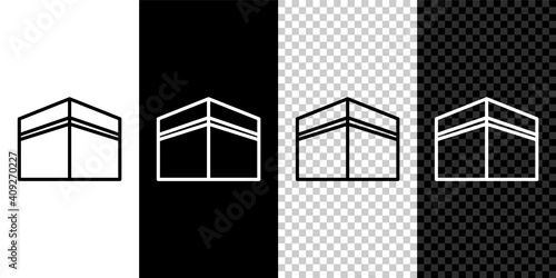 Set line Kaaba mosque icon isolated on black and white,transparent background. Kaaba hajj Mecca pray pilgrimage Ramadan Islam muslim mosque. Vector.