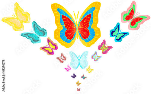 Bouquet of 17 motley, bright, colorful butterflies.  illustration.