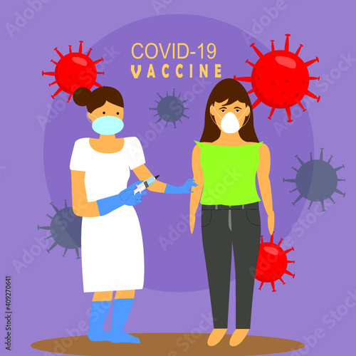 Coronavirus Vaccination concept, Nurse or medical staff with blue gloves injecting the covid-19 vaccine to a young girl with medical face mask.