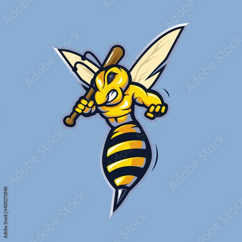 Bee mascot logo design vector with modern illustration concept style for badge, emblem and t-shirt printing. A bee carrying a baseball stick