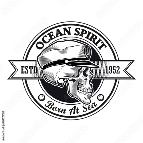 Captain stamp design. Monochrome element with skull in ship captain cap vector illustration with text on ribbon. Sailing or navigating concept for labels and emblems templates