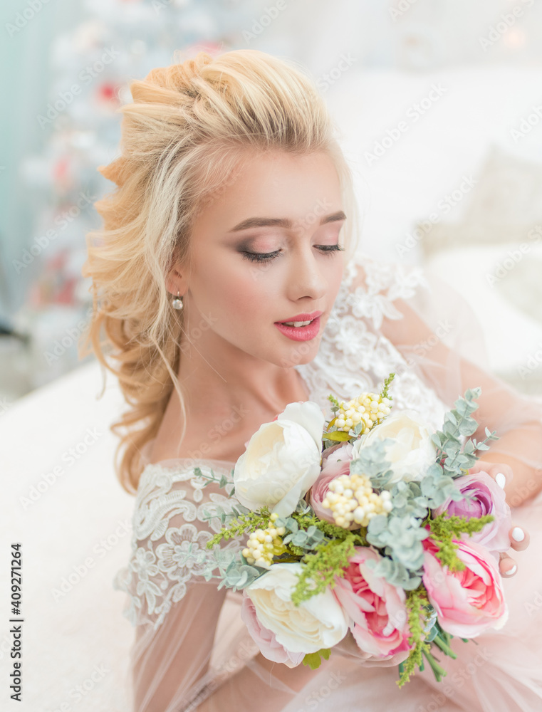 Young beauty fashion bride in winter decor with bouquet of flowers in her hands. Beautiful Bride portrait wedding makeup and hairstyle. Fashion bride model in luxury wedding dress. Young beauty fashion bride in winter decor with bouquet of flowers in her hands. Beautiful Bride portrait wedding makeup and hairstyle. Fashion bride model in luxury wedding dress.