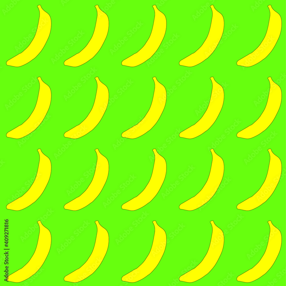 The pattern is seamless from tropical, African, yellow, bright, tasty, juicy, fresh, hand drawn bananas with a black stroke on a white background. illustration.