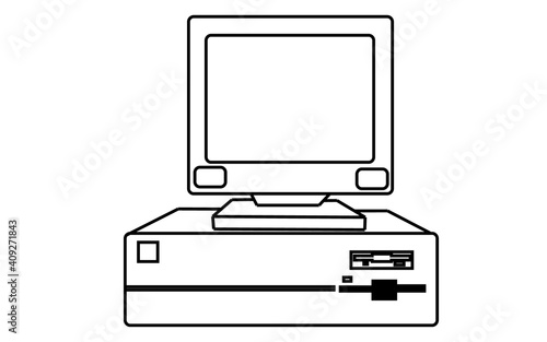 Black and white retro, vintage, old computer from the 80's, 90's with a system unit located beneath a monitor painted with strokes on a white background. illustration.