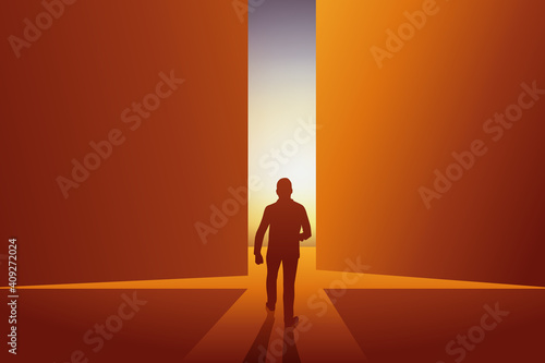 Concept de l’entrée en scène d’un homme de pouvoir qui symbolise le renouveau en passant de l’ombre à la lumière.