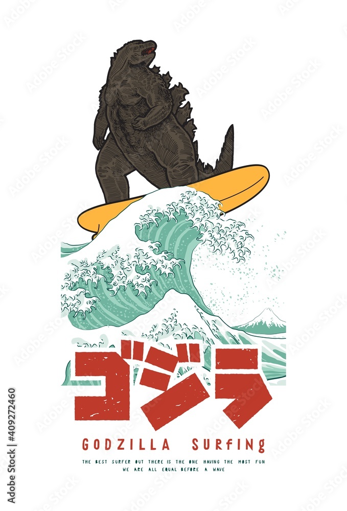 Japanese reptile monster surfing the great wave off Kanagawa funny t-shirt  print with Japanese and english typography. Stock Vector | Adobe Stock