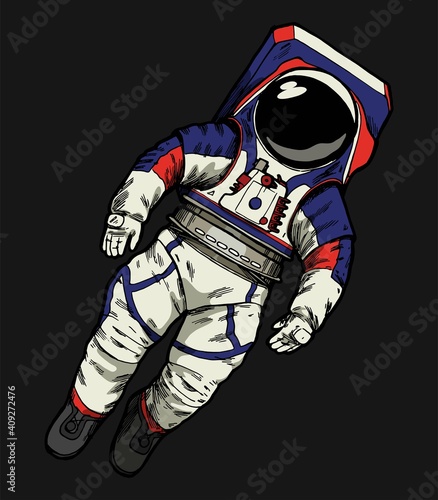 New american national space administration astronaut extravehicular activity suit in the outer space isolated vector illustration.