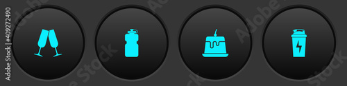 Set Glasses of champagne, Sport bottle with water, Pudding custard and Fitness shaker icon. Vector.