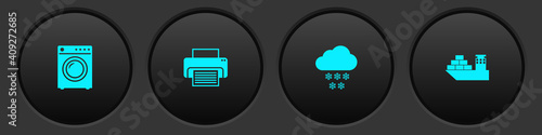 Set Washer, Printer, Cloud with snow and Cargo ship icon. Vector.