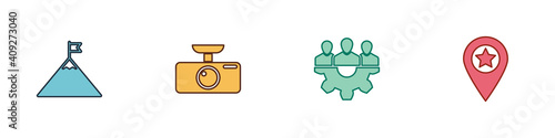 Set Mountains and flag, Car DVR, Project team base and Location with star icon. Vector.