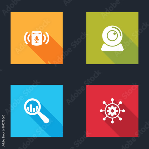 Set Voice assistant, Web camera, Magnifying glass and analysis and Project management icon. Vector.