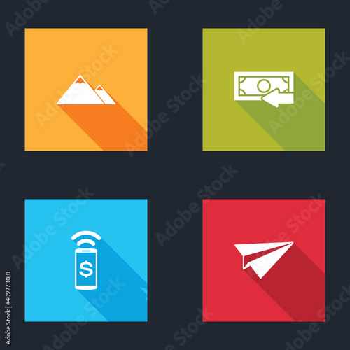 Set Mountains, Cash back, Contactless payment and Paper plane icon. Vector.