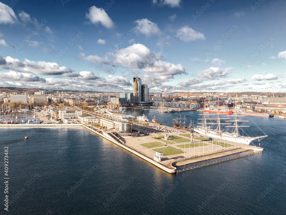 Fototapeta premium Aerial view on pier in Gdynia City Centre. Aerial view of Pier.