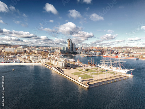Aerial view on pier in Gdynia City Centre. Aerial view of Pier. © wojciechkic.com