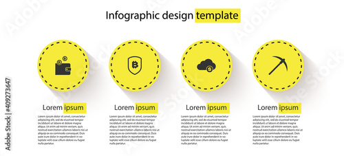 Set Cryptocurrency wallet, Shield with bitcoin, cloud mining and Pickaxe. Business infographic template. Vector.