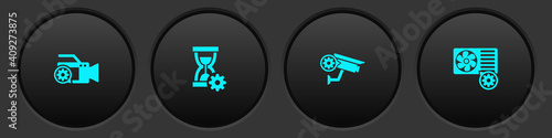 Set Video camera setting, Hourglass, Security and Air conditioner icon. Vector.
