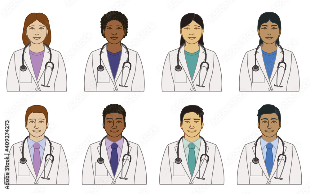 diversity, race, ethnicity of doctor physician vector icons, male and female, with stethoscope, isolated on a white background diversity, race, ethnicity of doctor physician vector icons, male and female, with stethoscope, isolated on a white background
