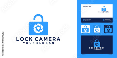camera and padlock combination design logo and business card