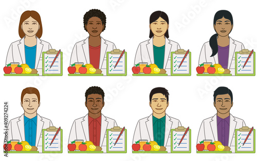 diversity, race, ethnicity of dietician or nutritionist vector icons, male and female, with food and clip board, isolated on a white background 