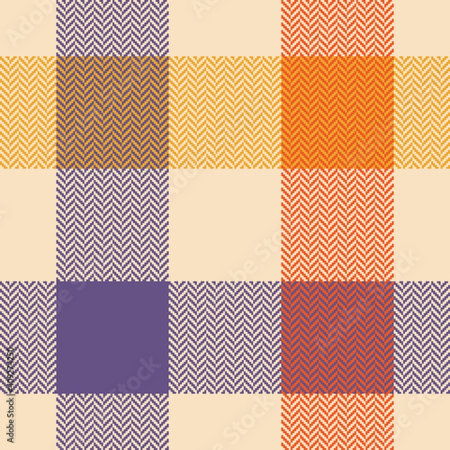 Multicolored buffalo plaid pattern. Herringbone textured vichy check in purple, orange, yellow, beige for flannel shirt, blanket, duvet cover, or other modern spring summer autumn textile print.