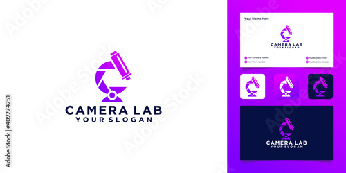 camera lab logo vector with camera and microscope logo design template and business card