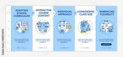 Online teaching tips onboarding vector template. Adapting school curriculum and interactive course content. Responsive mobile website with icons. Webpage walkthrough step screens. RGB color concept