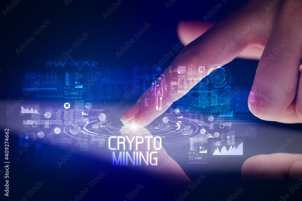 Finger touching tablet with web technology icons and CRYPTO MINING inscription
