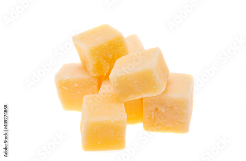 Aged cheese cubes isolated