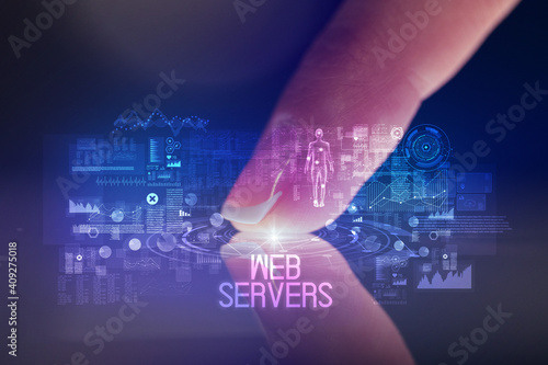 Finger touching tablet with web technology icons and WEB SERVERS inscription