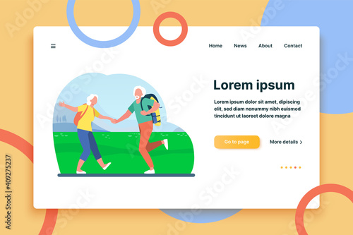 Aged people with bagpacks dancing together in meadow. Nature, trip. Flat vector illustration. Traveling concept can be used for presentations, banner, website design, landing web page