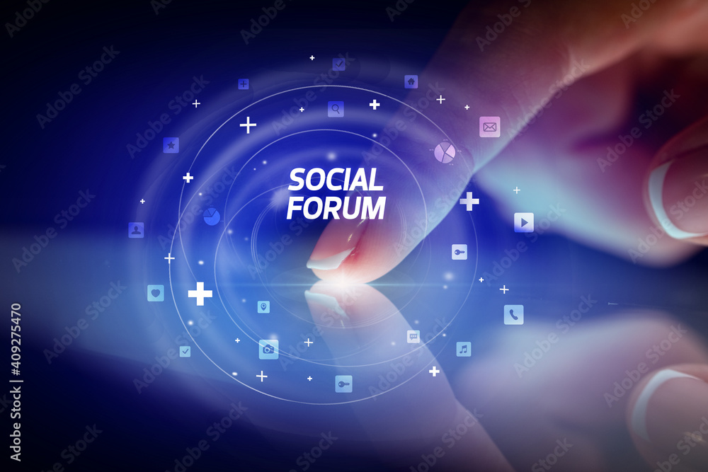 Finger touching tablet with social media icons and SOCIAL FORUM