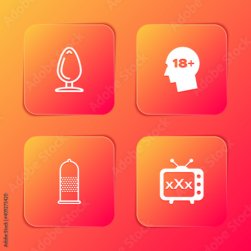 Set Anal plug, Head with 18 plus, Condom safe sex and Sex tv old television icon. Vector.