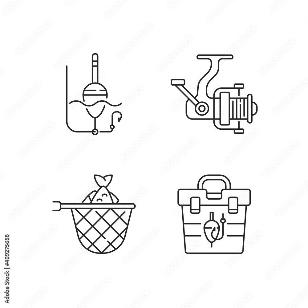 Hobby and leisure activities linear icons set. Special fishery ...