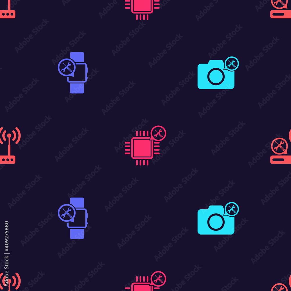 Set Photo camera service, Smartwatch, Processor and Router wi-fi on seamless pattern. Vector. Set Photo camera service, Smartwatch, Processor and Router wi-fi on seamless pattern. Vector.
