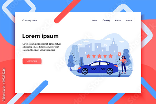 Happy woman assessing taxi service in app. Car, star, rating flat vector illustration. Transportation and urban lifestyle concept for banner, website design or landing web page