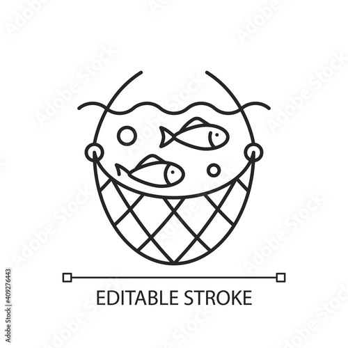 Fishing net linear icon. Commercial fishing gear. Harvesting of marine food. Fishing Gear. Thin line customizable illustration. Contour symbol. Vector isolated outline drawing. Editable stroke