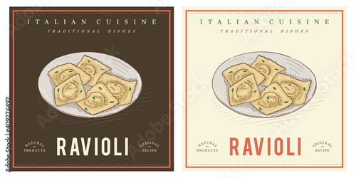 Ravioli on plate vintage illustration