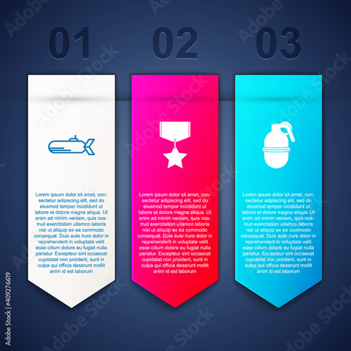 Set Submarine, Military reward medal and Hand grenade. Business infographic template. Vector.