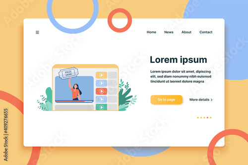 Blogger drawing prize for her followers. Video, communication, luck flat vector illustration. Lottery and social media concept for banner, website design or landing web page