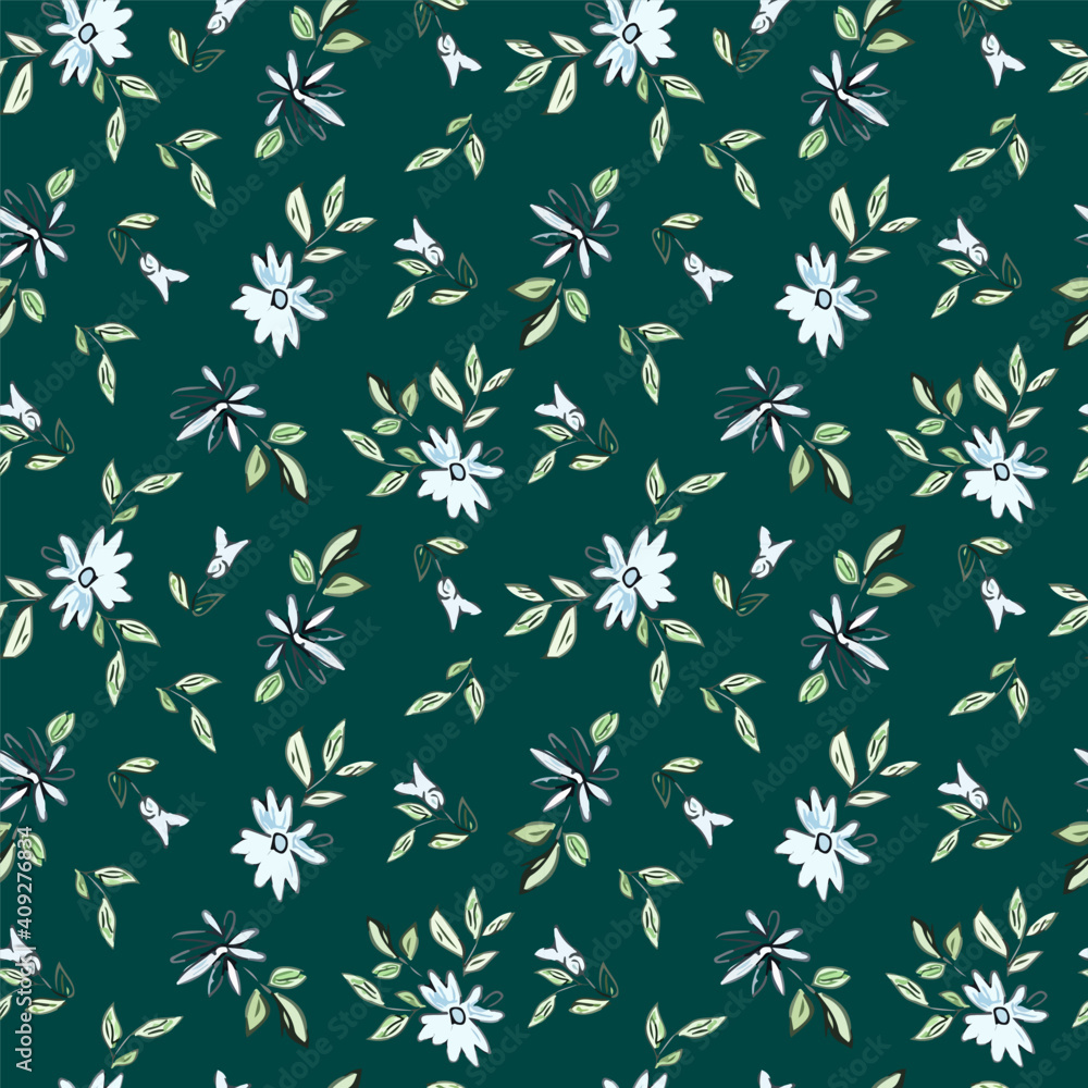 Drawing depicting blue flowers with leaves on a dark green background. Drawing depicting blue flowers with leaves on a dark green background.