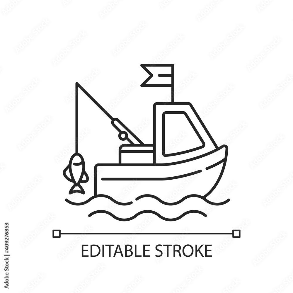 Boat fishing linear icon. Commercial fishing. Fresh sea food. License for fishing from boat. Thin line customizable illustration. Contour symbol. Vector isolated outline drawing. Editable stroke