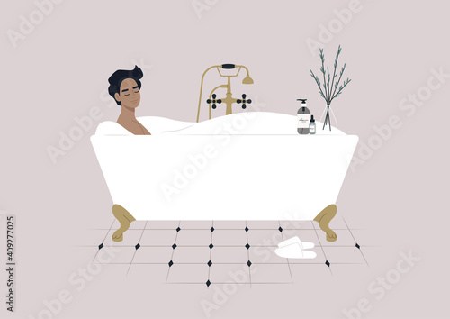A young male character taking a relaxing bath with soap foam, a claw foot vintage tub