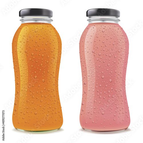 Juice Bottles with many fresh ice drops isolated on white