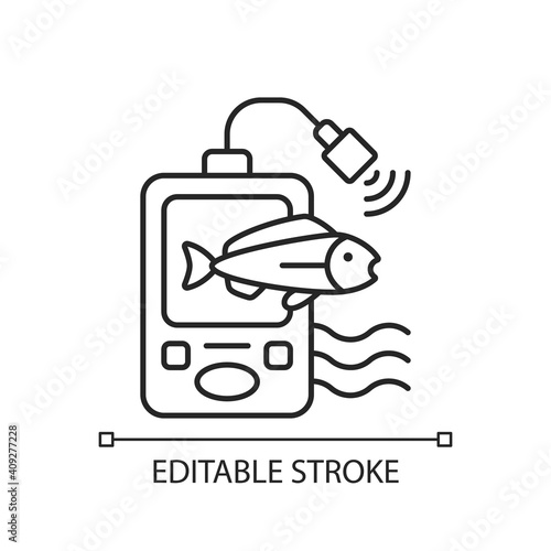 Fish finder linear icon. Fishers equipment. Efficient fishing. Basic fishing gear. Thin line customizable illustration. Contour symbol. Vector isolated outline drawing. Editable stroke