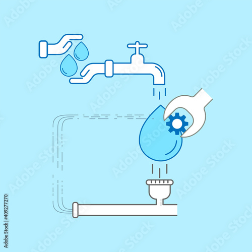 Sustainable water resource management infographic. Editable stroke symbols. Vector illustration outline flat design style.